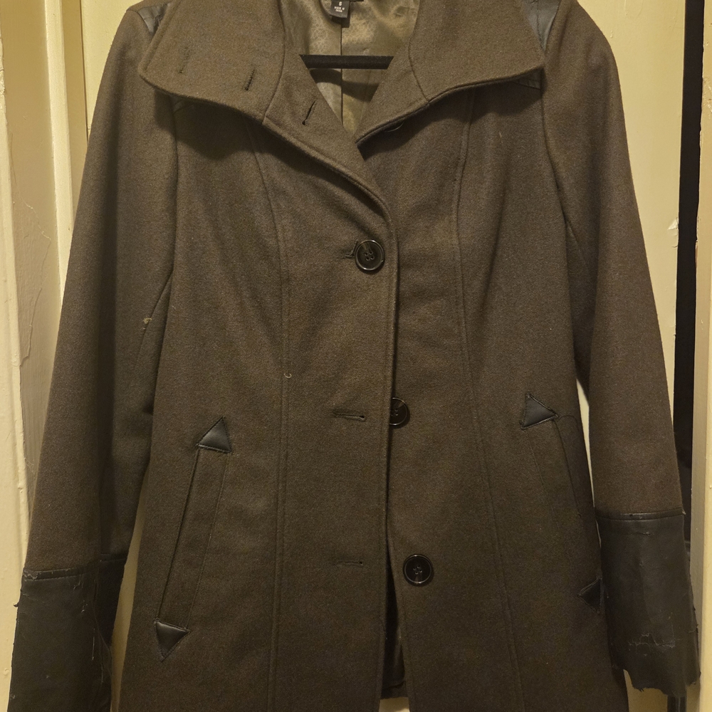 Nicole Miller Dark Olive Wool-Blend Pea Coat with Faux-Leather Trim